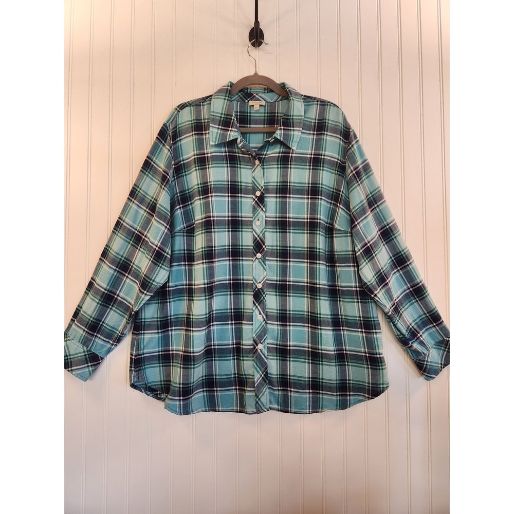 Talbots Plus Womens 2X Teal Green Plaid Cotton Flannel Button Down Shirt‎ Casual